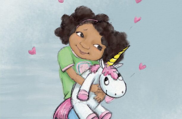 Illustration of Sammi hugging a unicorn for video by illustrator Priscilla Prentice