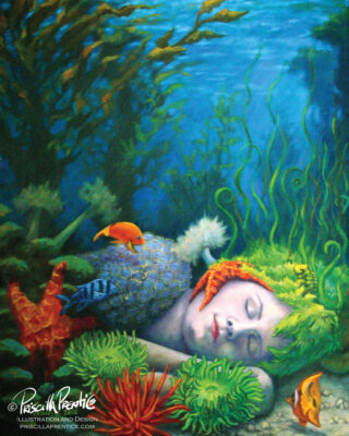 Painting of Amphitrite Sleeping under the sea surrounded by coral and fish by artist Priscilla Prentice