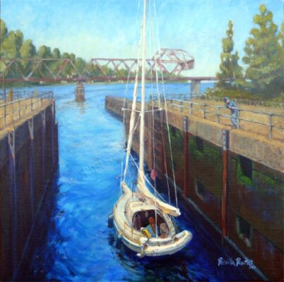 painting of a boat sailing through Ballard Locks by fine Artist Priscilla Prentice