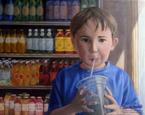 Painting of young boy sipping shake in front of a cooler full of brightly colored sodas by Fine Artist Priscilla Prentice