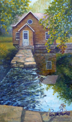 painting looking at grist mill over a waterfall by Fine Artist Priscilla Prentice