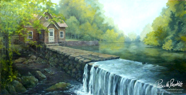 Fine Art Painting of a Grist Mill on a humid day by artist Priscilla Prentice