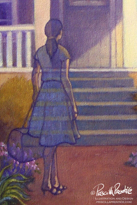 Detail of happy house painting showing woman at the doorstep with a suitcase. The woman in transparent. Painting by Priscilla Prentice