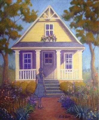 Painting of woman in front of house on a sunny day by Fine Artist Priscilla Prentice