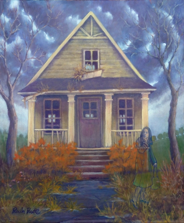 Sad gloomy looking house with a concerned woman who is transparent walking away - painting by fine artist Priscilla Prentice