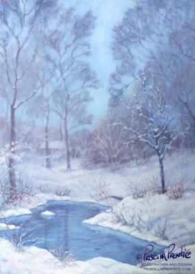 painting of a snowy yard with a pond by Fine Artist Priscilla Prentice