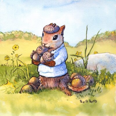 chipmunk in sweater gathering acorns - illustration by Priscilla Prentice