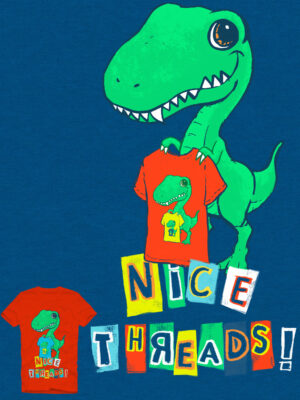 Dinosaur holding shirt that reads "Nice Threads!" by illustrator Priscilla Prentice