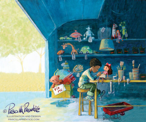 Franklin fixes toys in his garage toy shop - illustration bu Priscilla Prentice