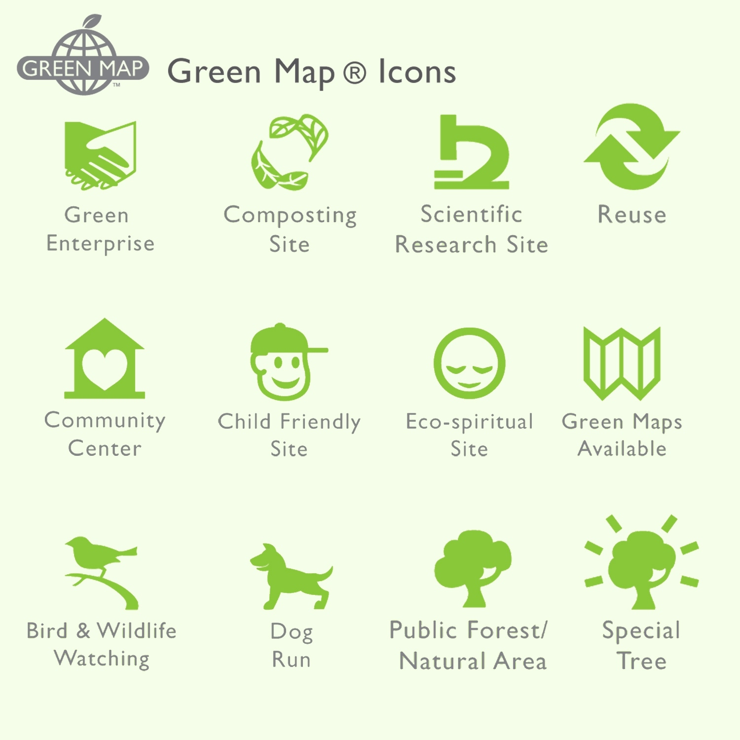 Samples of greenmap icons by Designer Priscilla Prentice