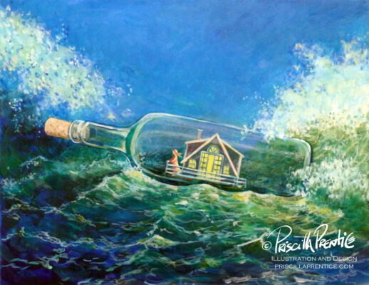 painting of a house in a bottle by illustrator Priscilla Prentice