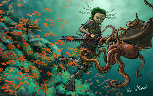 undersea person helping an octopus and fish Illustration by Priscilla Prentice