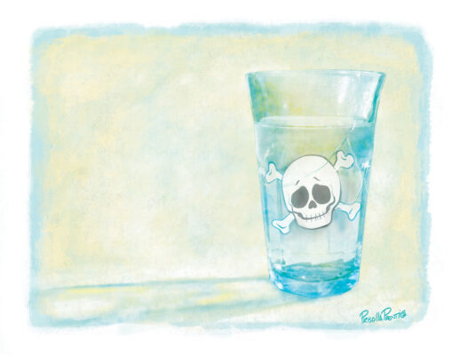 Glass of water with a skull in it - illustration by Priscilla Prentice