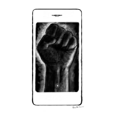 smart phone with a power fist on screen illustration by Priscilla Prentice