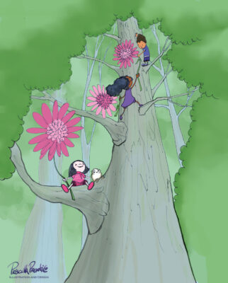 drawing of children climbing a tree from children's book, A teacher's Promise - illustration by Priscilla Prentice