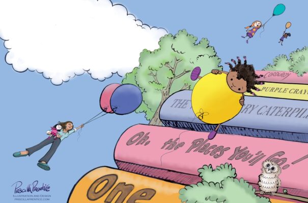 illustration of kids floating in air holding balloons for A Teacher's Promise children's book - illustration by Priscilla Prentice