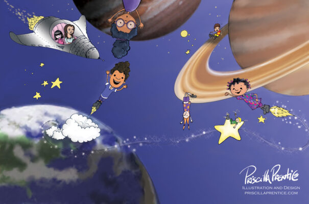 illustration of kids zooming in space for A Teacher's Promise children's book - Illustrations by Priscilla Prentice