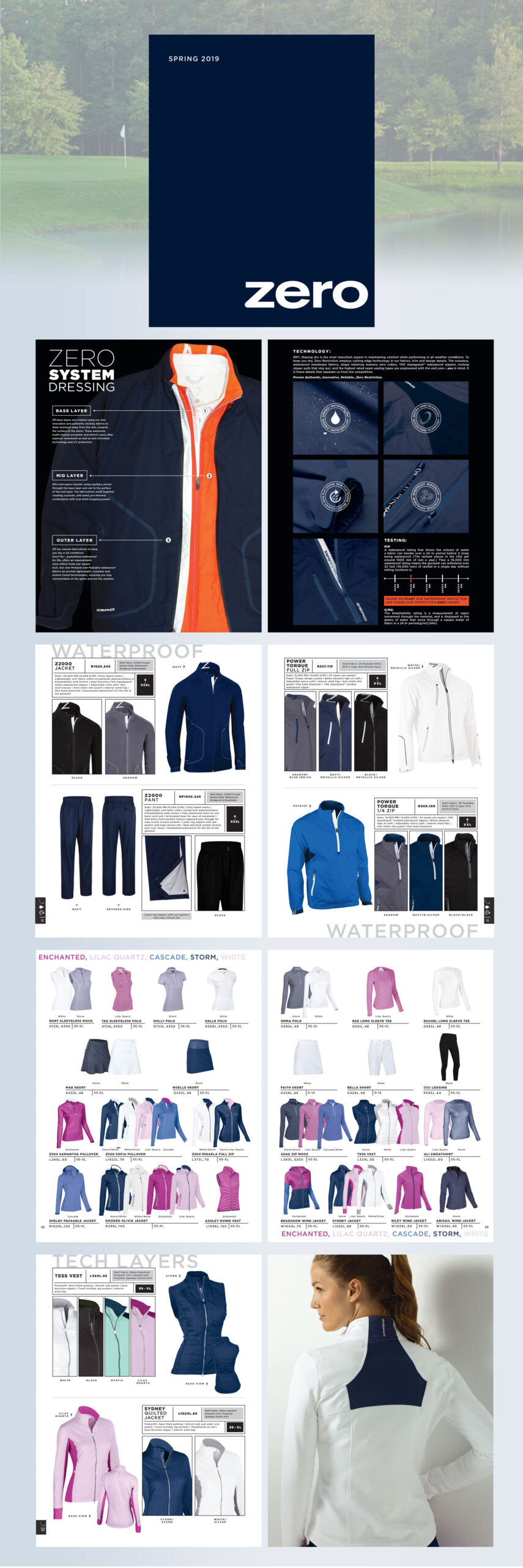 layout portfolio pictures for Zero Restriction golf apparel catalog