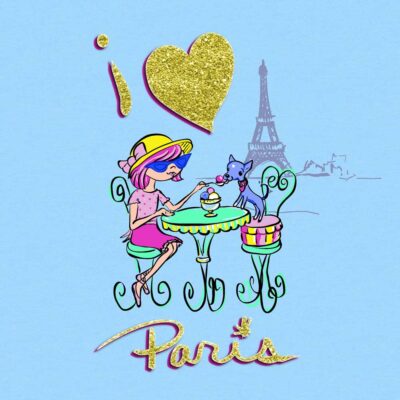 Girl in paris with little dog at cafe table saying I love paris by Priscilla Prentice Print Designer