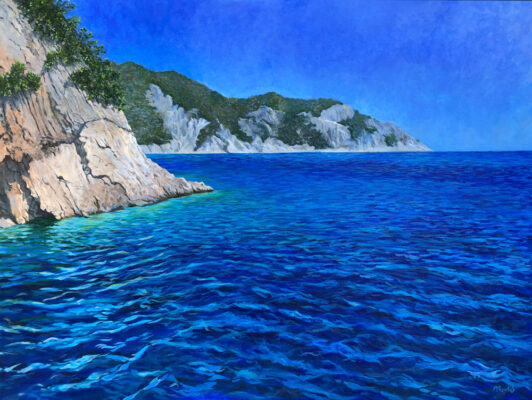 Fine Art Painting of the ocean and cliffs in Greece by Priscilla Prentice