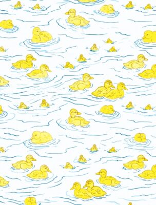 Ducklings on water print by Designer Priscilla Prentice - Yellow ducklings on white and blue water