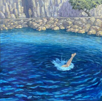 Woman diving into blue ocean waters of Greece with a person walking on a rocky shore in the background - painting by Priscilla Prentice