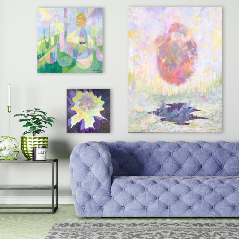 Abstract paintings above couch