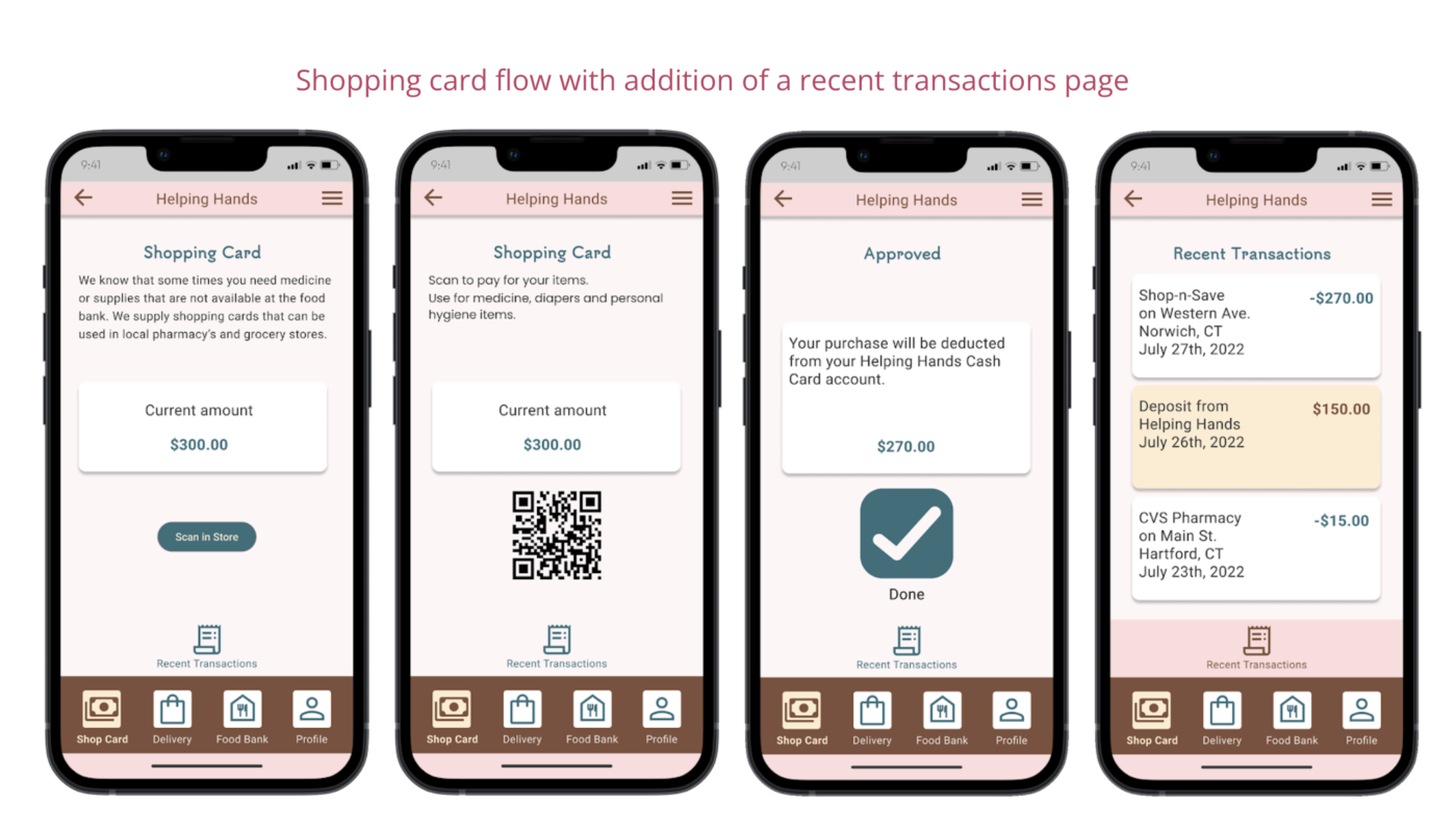 Food bank app shopping card flow with recent transaction page