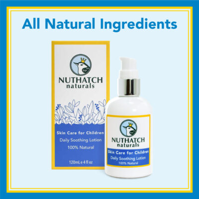 Product photo of bottle and box of Nuthatch Naturals skin care for children