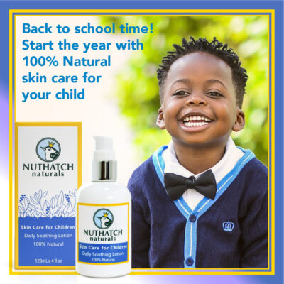 Nuthatch Naturals image showing a happy little boy dressed for the first day of school. Back to school time! Start the year with 100% natural skin care for your child.by Priscilla Prentice illustration and design