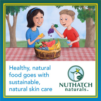 Illustration by Priscilla Prentice of two children happily eating fruit at a picnic table for Nuthatch Naturals