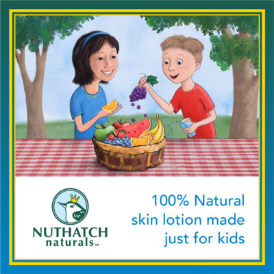 Nuthatch Naturals Social Media illustration of two children eating fruit at a picnic table - 100% Natural skin lotion just for kids