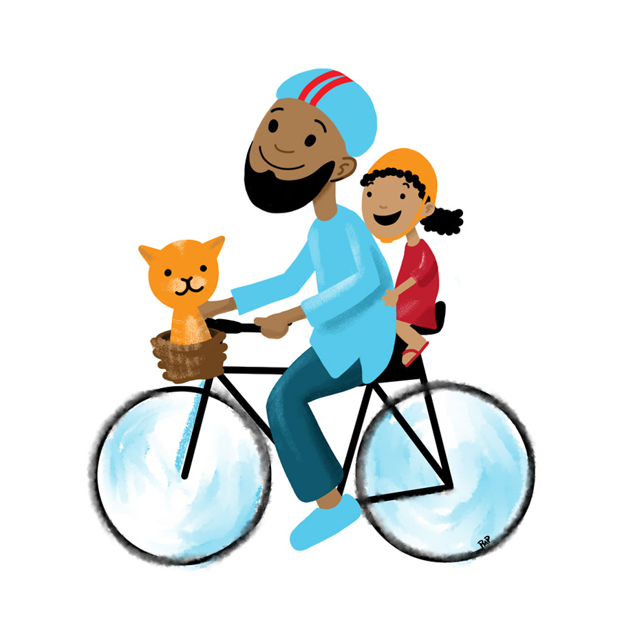cute drawing of a happy man and child riding a bike