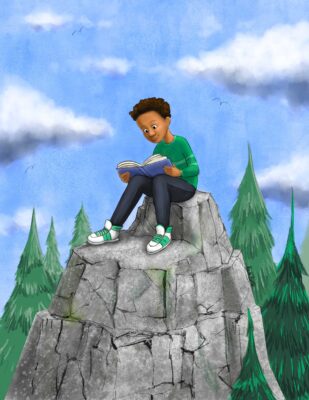 A boy reading on a mountaintop - illustration ny Priscilla Prentice for Nuthatch Naturals