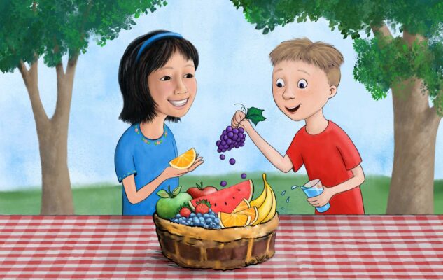 Illustration by Priscilla Prentice of two children happily eating fruit at a picnic table for Nuthatch Naturals