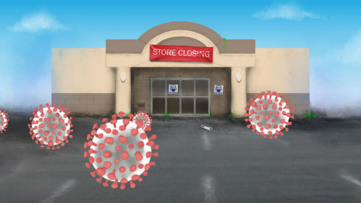 illustration of a closed strip mall with Covid viruses blowing like tumbleweeds