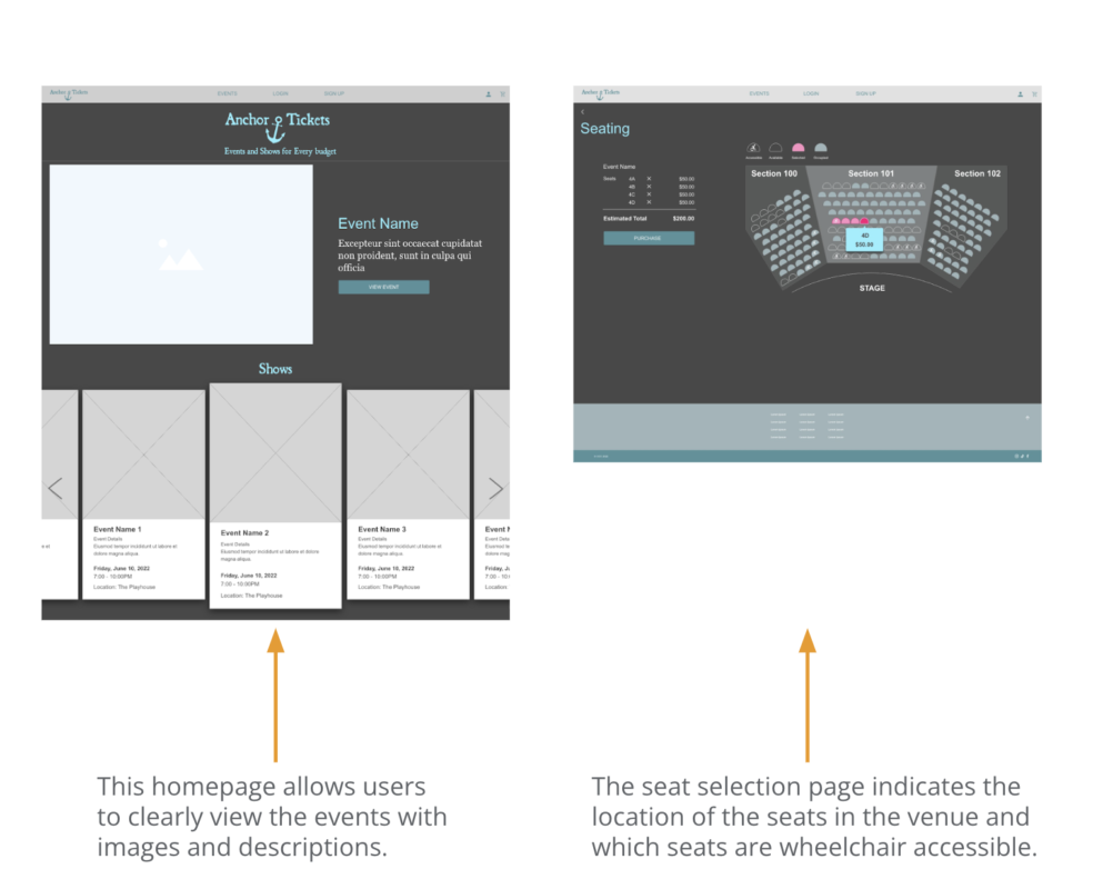 Digital wireframes for ticket ordering website