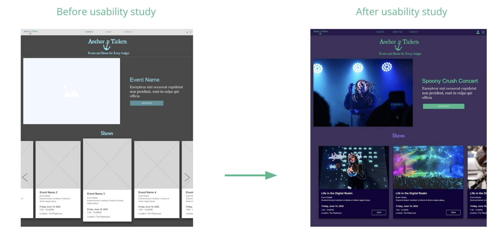 Wireframe designs before and after usability study showing improvements