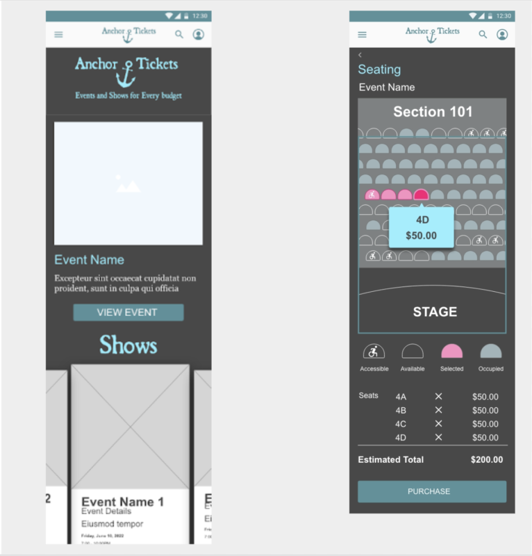 Digital wireframes for mobile ticket ordering website