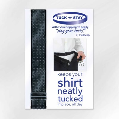 Tuck-N-Stay package design. A belt to wear under the waist band of your pants to keep your shirt tucked in