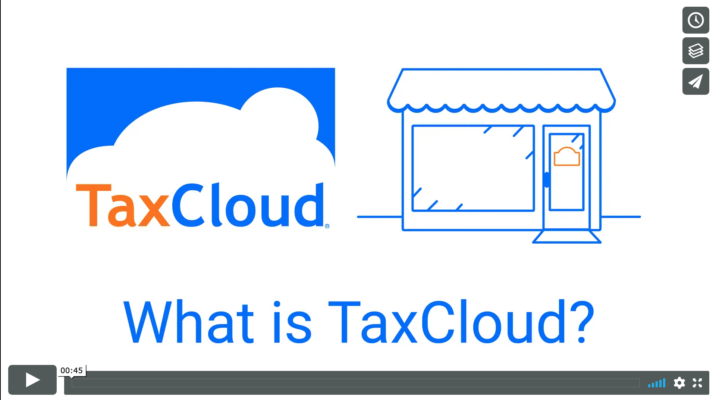 What is TaxCloud screenshot for video showing company logo and a simple store front