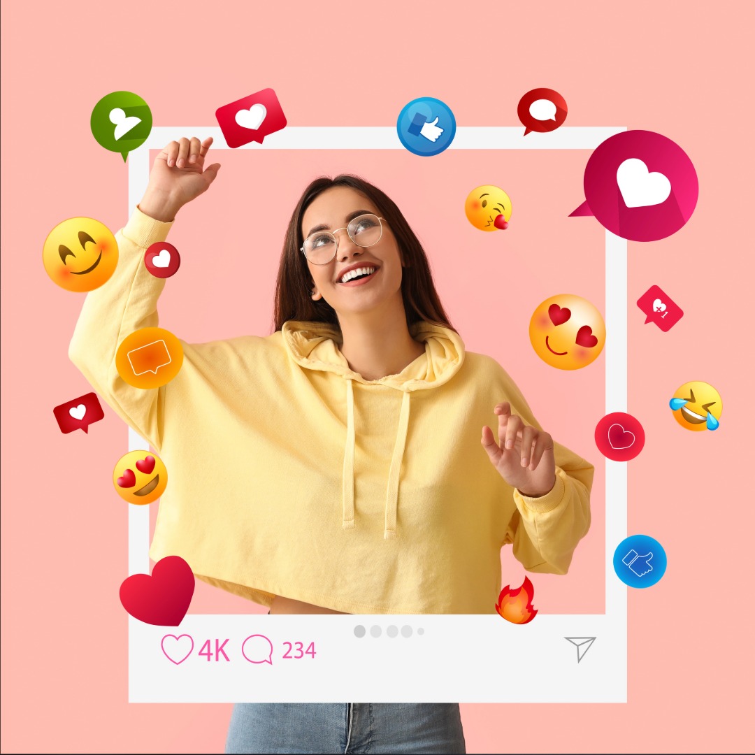 happy woman in a social media frame with emojis around her